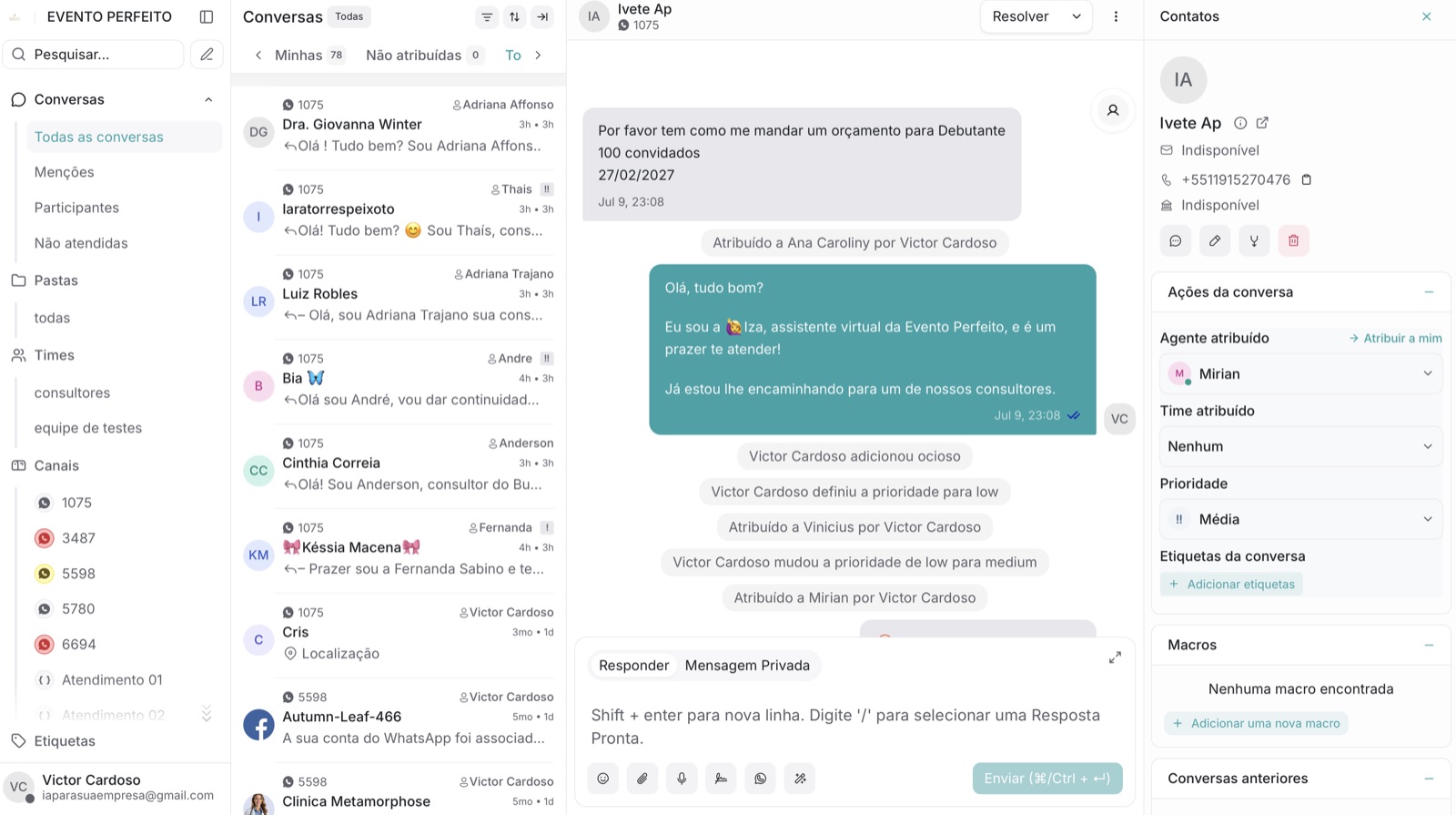 Painel do bot e do CRM